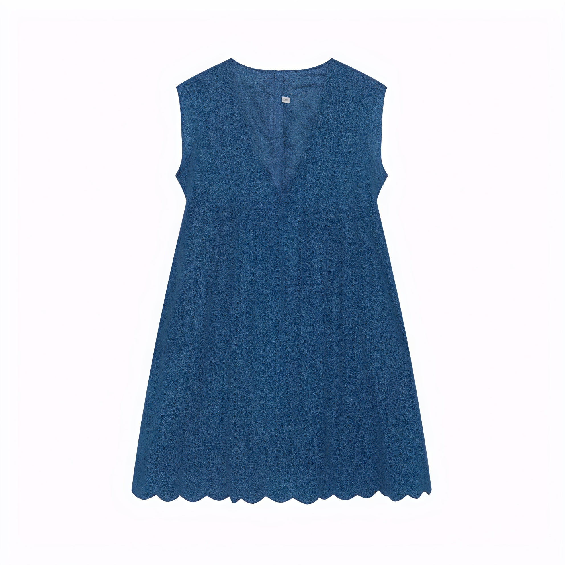 Robe sans manches col V, tissu perforé respirant, ourlet festonné unique, style chic décontracté pour l'été-Marais Paris-Bleu Marine-XS-Marais Paris
