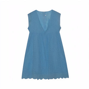 Robe sans manches col V, tissu perforé respirant, ourlet festonné unique, style chic décontracté pour l'été-Marais Paris-Bleu Clair-XS-Marais Paris