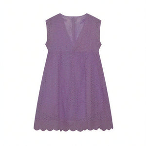 Robe sans manches col V, tissu perforé respirant, ourlet festonné unique, style chic décontracté pour l'été-Marais Paris-Violet-XS-Marais Paris