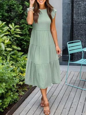 Robe Fluide Femme Jupe Étagée Manches Volantées Col Rond Confortable Été Décontracté-81634-fa5a4ba8-d016-44bf-964d-cf580f55dacd