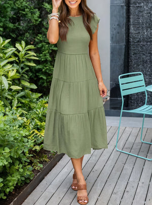 Robe Fluide Femme Jupe Étagée Manches Volantées Col Rond Confortable Été Décontracté-81634-210c91e9-1195-48c8-a19c-d1fa03554039