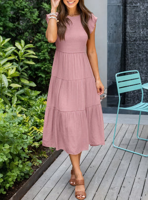 Robe Fluide Femme Jupe Étagée Manches Volantées Col Rond Confortable Été Décontracté-81634-707bab96-971a-4f96-a0e9-1b1aec4b4532