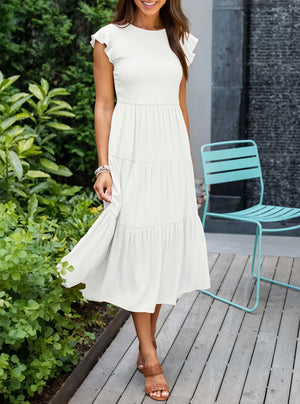 Robe Fluide Femme Jupe Étagée Manches Volantées Col Rond Confortable Été Décontracté-81634-6d66f1ce-ccf4-43cc-ba96-0b5d92763611