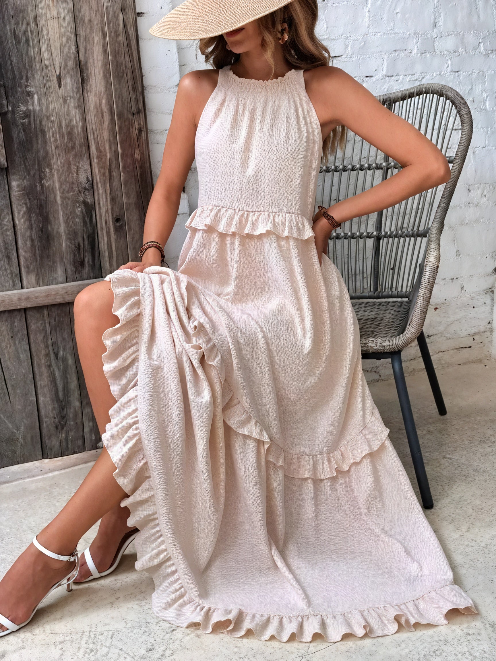 Robe Maxi Fluide Femme Col Halter Volants Délicats Légère Confortable Été Élégance Sans Effort-81649-5e9e4415-9a64-4346-b1d7-5db73e5cfb70