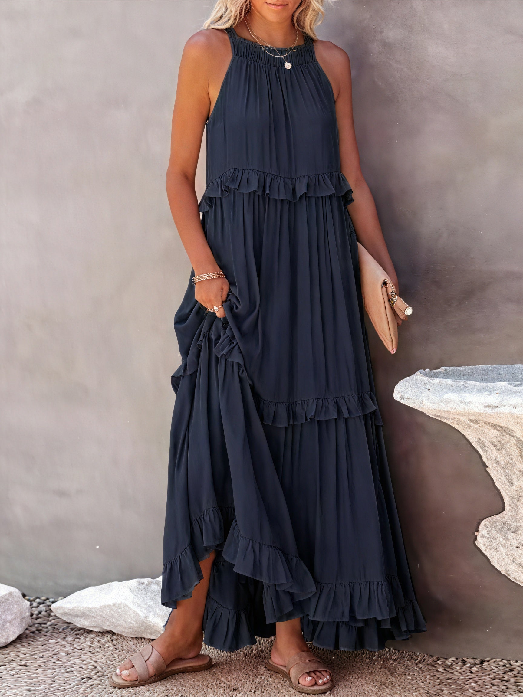 Robe Maxi Fluide Femme Col Halter Volants Délicats Légère Confortable Été Élégance Sans Effort-81649-50b6d16e-b470-4e22-b137-0c7cd2009739
