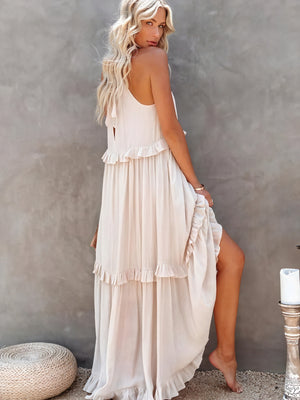 Robe Maxi Fluide Femme Col Halter Volants Délicats Légère Confortable Été Élégance Sans Effort-81649-7c2082db-b5b9-4f9c-8e84-e0d567c62d43