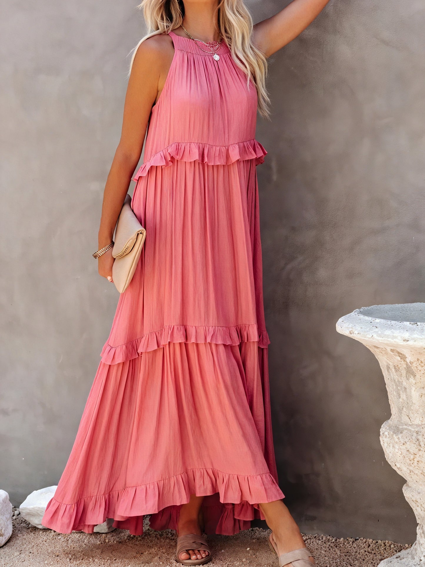 Robe Maxi Fluide Femme Col Halter Volants Délicats Légère Confortable Été Élégance Sans Effort-81649-9ecb1298-d810-4ef7-b42f-faffde761c81
