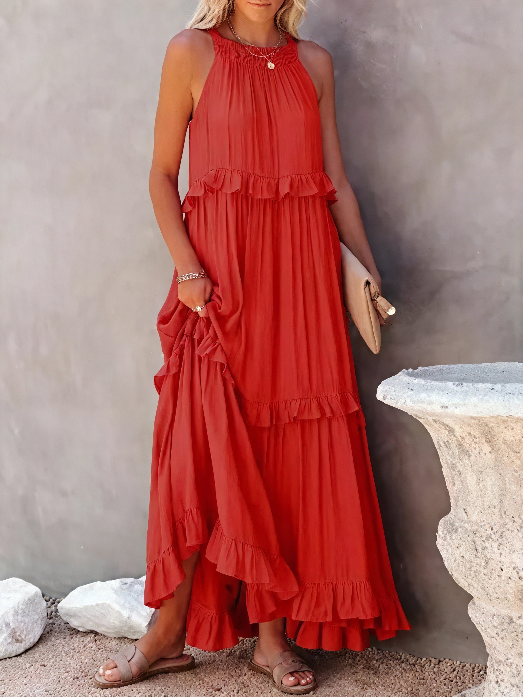 Robe Maxi Fluide Femme Col Halter Volants Délicats Légère Confortable Été Élégance Sans Effort-81649-826e933d-4722-4c66-bf3e-b25b277c5731