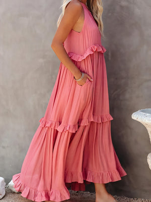 Robe Maxi Fluide Femme Col Halter Volants Délicats Légère Confortable Été Élégance Sans Effort-81649-7cf9329f-c32d-4996-b580-d34bebd31432