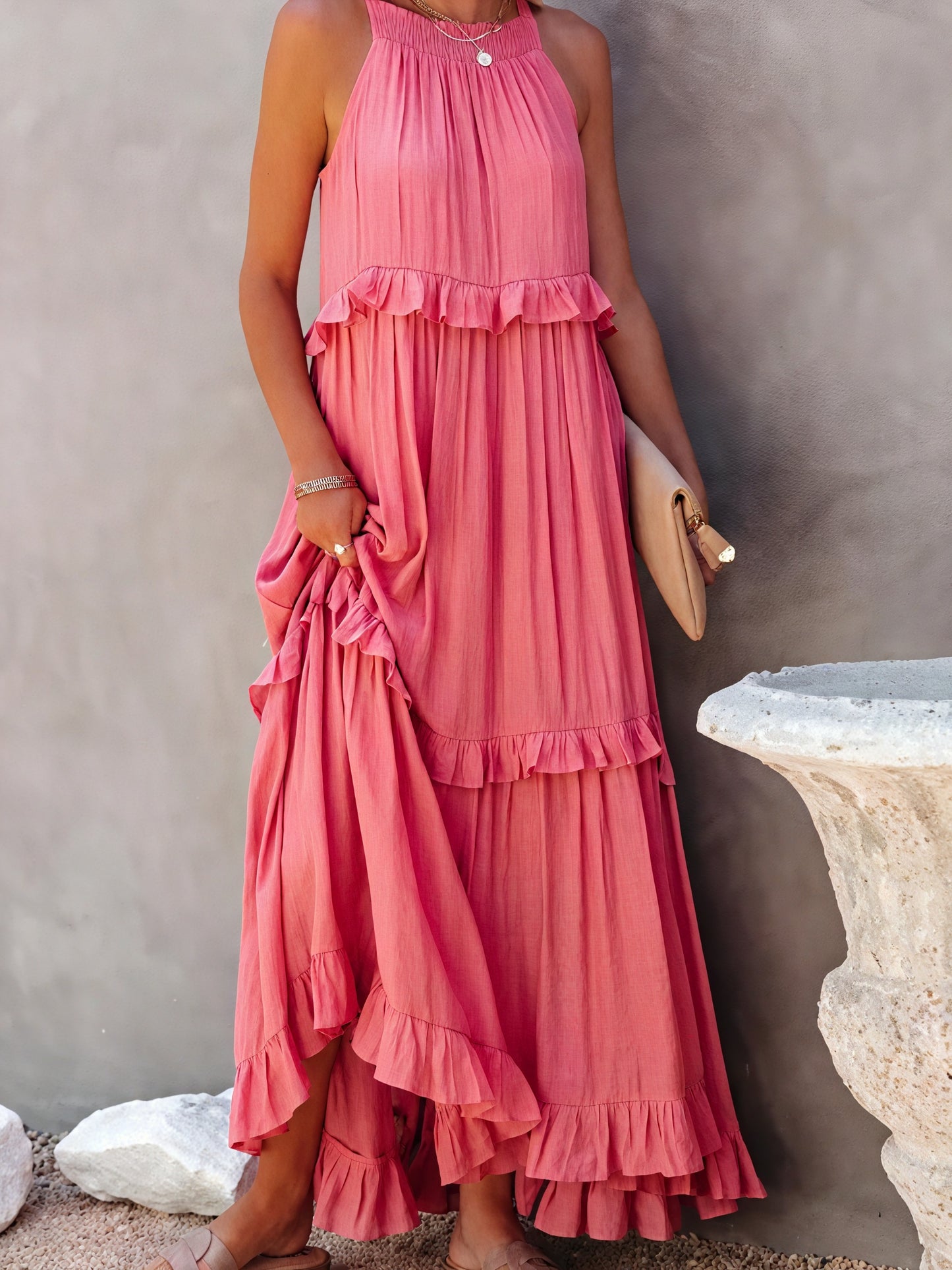 Robe Maxi Fluide Femme Col Halter Volants Délicats Légère Confortable Été Élégance Sans Effort-81649-151f53af-c888-413b-b190-900fa9c62e87