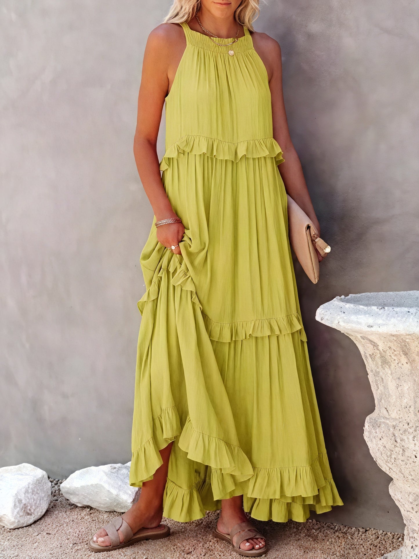 Robe Maxi Fluide Femme Col Halter Volants Délicats Légère Confortable Été Élégance Sans Effort-81649-c6d2b639-199a-4b43-b468-9b267fe82573