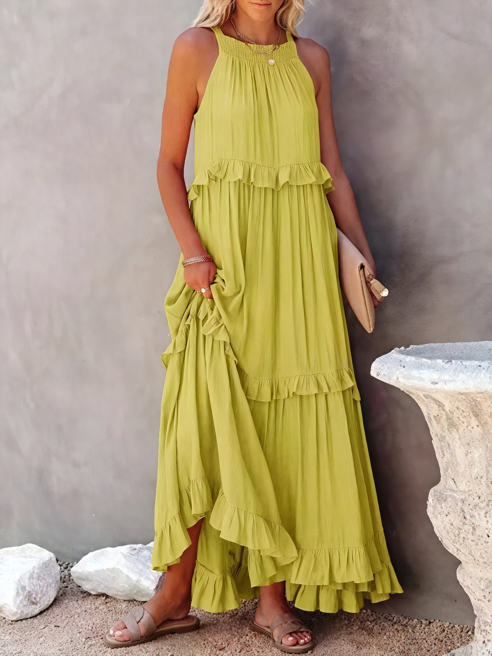 Robe Maxi Fluide Femme Col Halter Volants Délicats Légère Confortable Été Élégance Sans Effort-81649-c6d2b639-199a-4b43-b468-9b267fe82573
