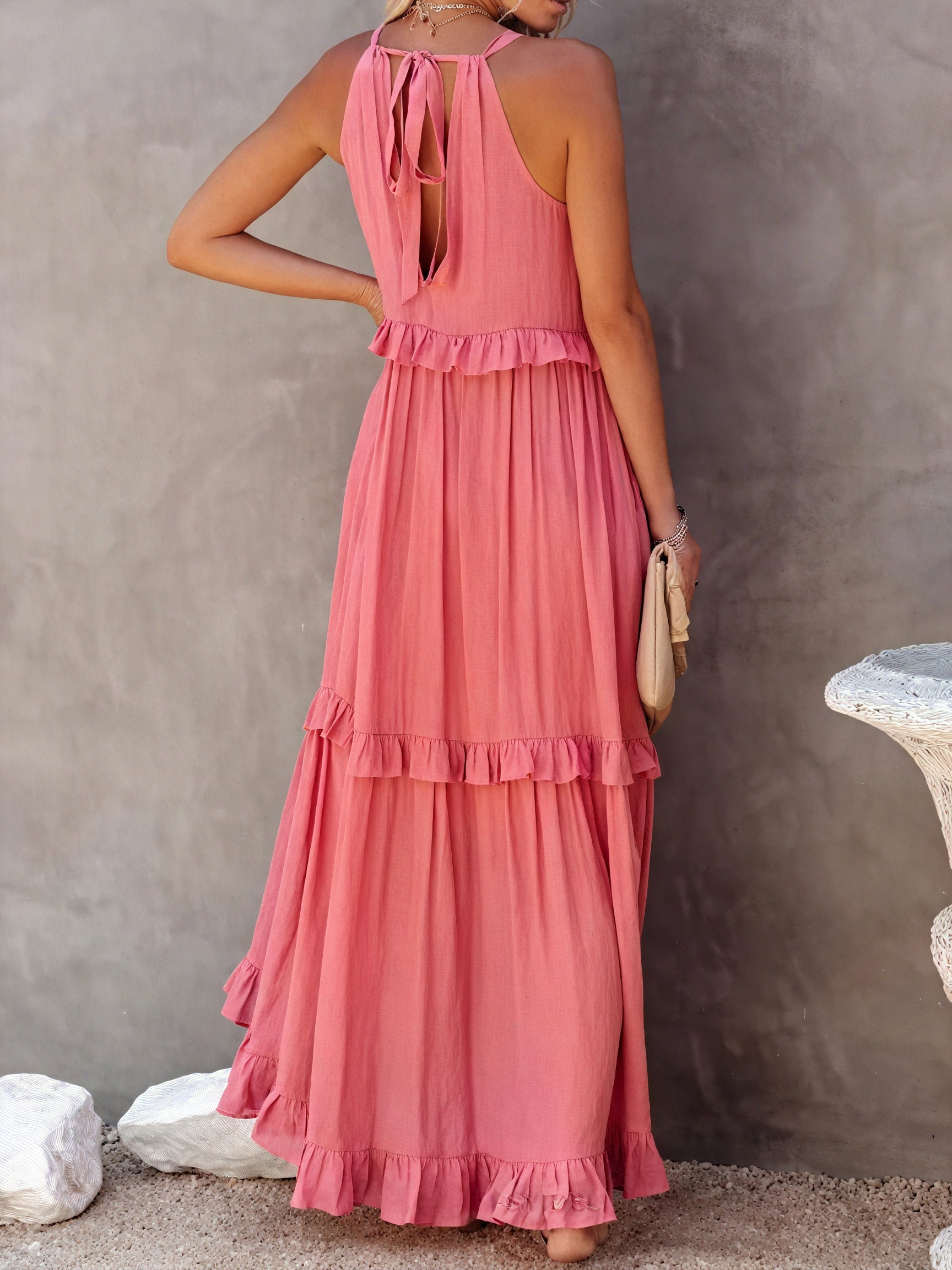 Robe Maxi Fluide Femme Col Halter Volants Délicats Légère Confortable Été Élégance Sans Effort-81649-e6174730-1010-4688-b362-e0eb34b0613a