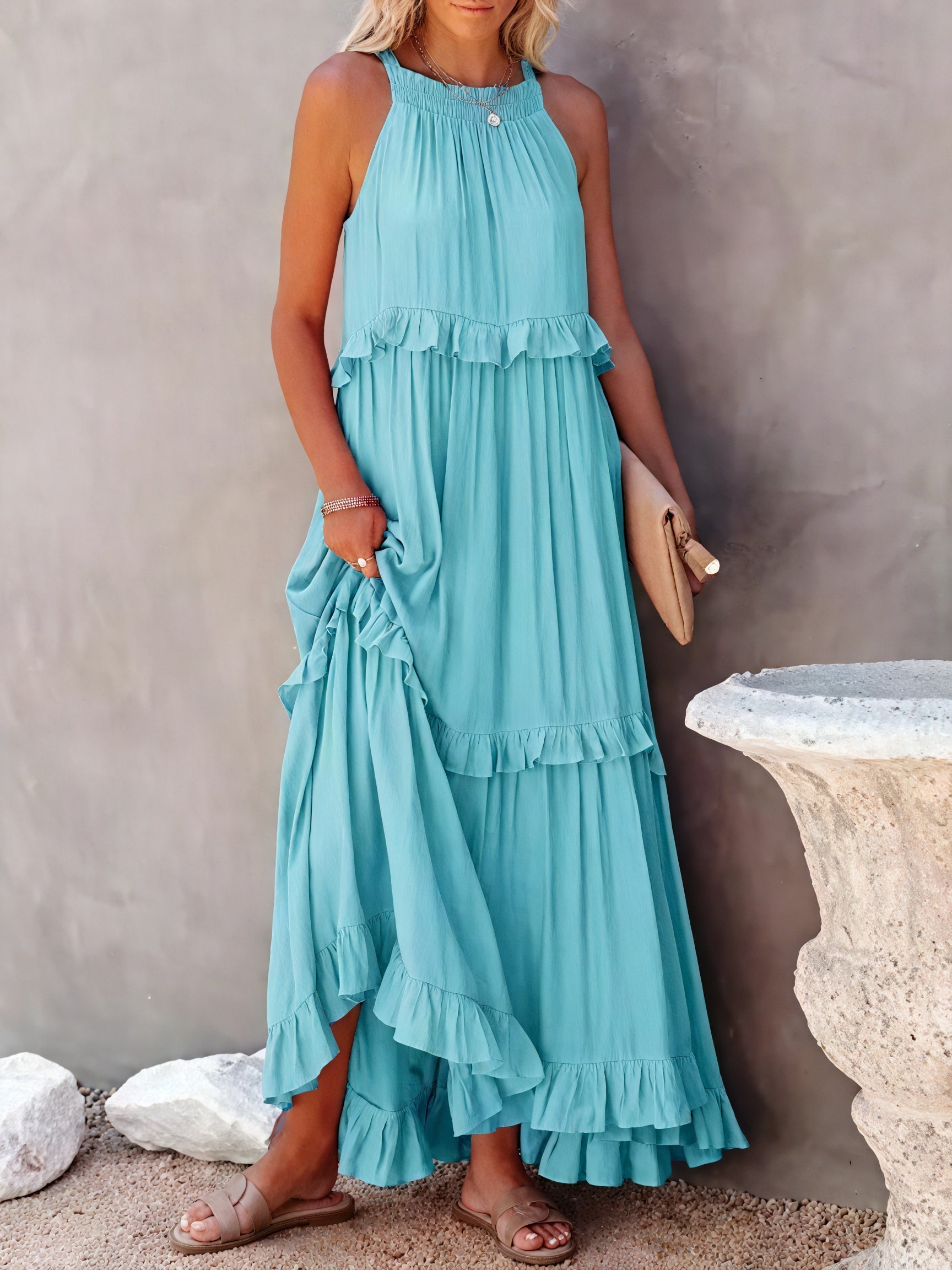 Robe Maxi Fluide Femme Col Halter Volants Délicats Légère Confortable Été Élégance Sans Effort-81649-bd97371b-223f-4581-81df-40737e23d899