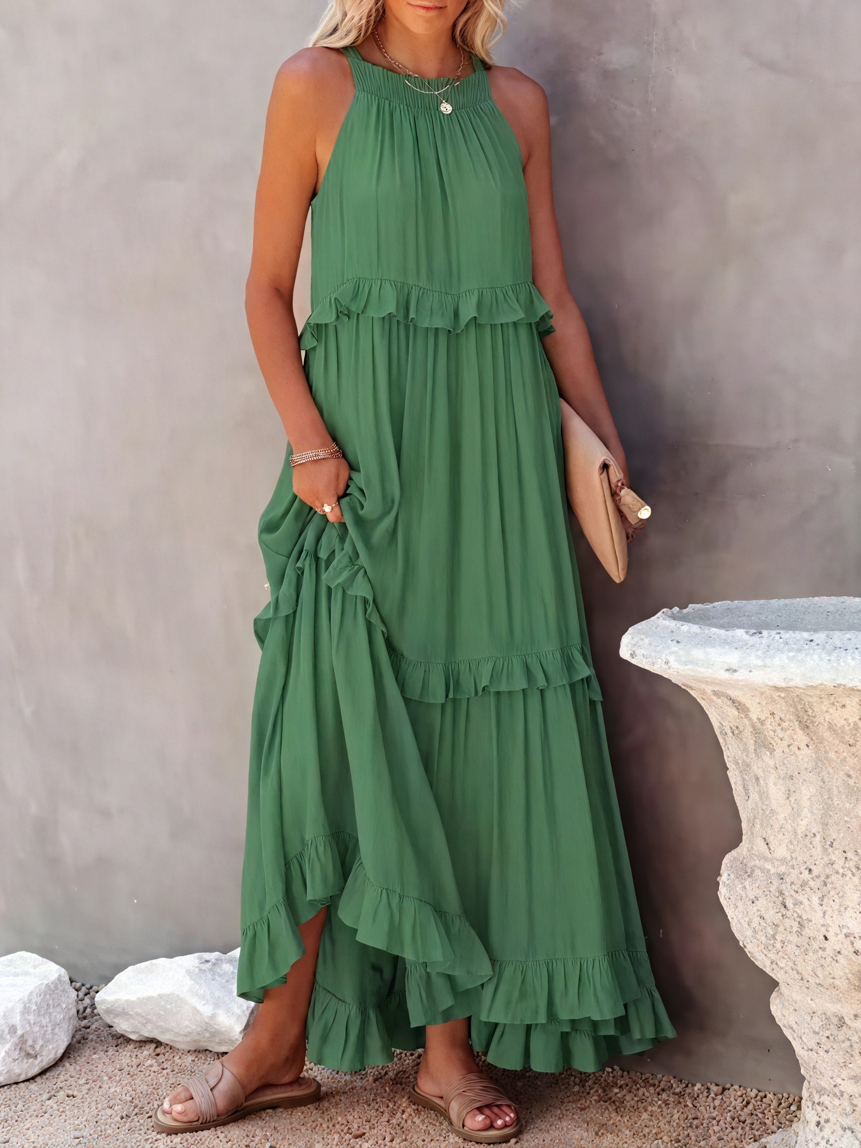 Robe Maxi Fluide Femme Col Halter Volants Délicats Légère Confortable Été Élégance Sans Effort-81649-46db419d-4ec6-423a-afb5-bad208a3c7b7