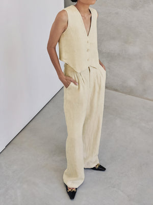 Ensemble Veston Sans Manches et Pantalon Jambes Larges-Outfit Sets-Marais Paris-Beige-XS-Marais Paris