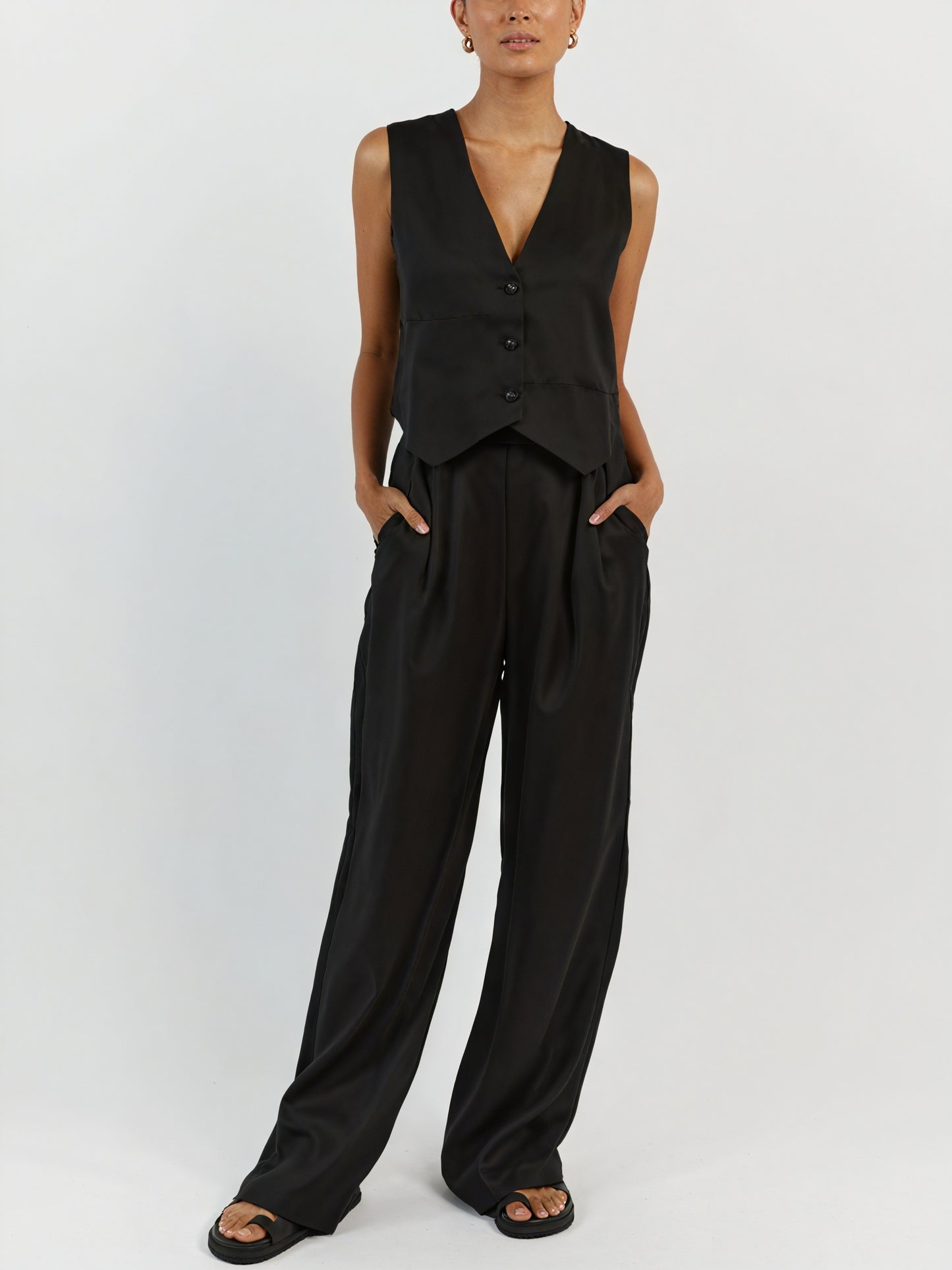 Ensemble Veston Sans Manches et Pantalon Jambes Larges-Outfit Sets-Marais Paris-Noir-XS-Marais Paris