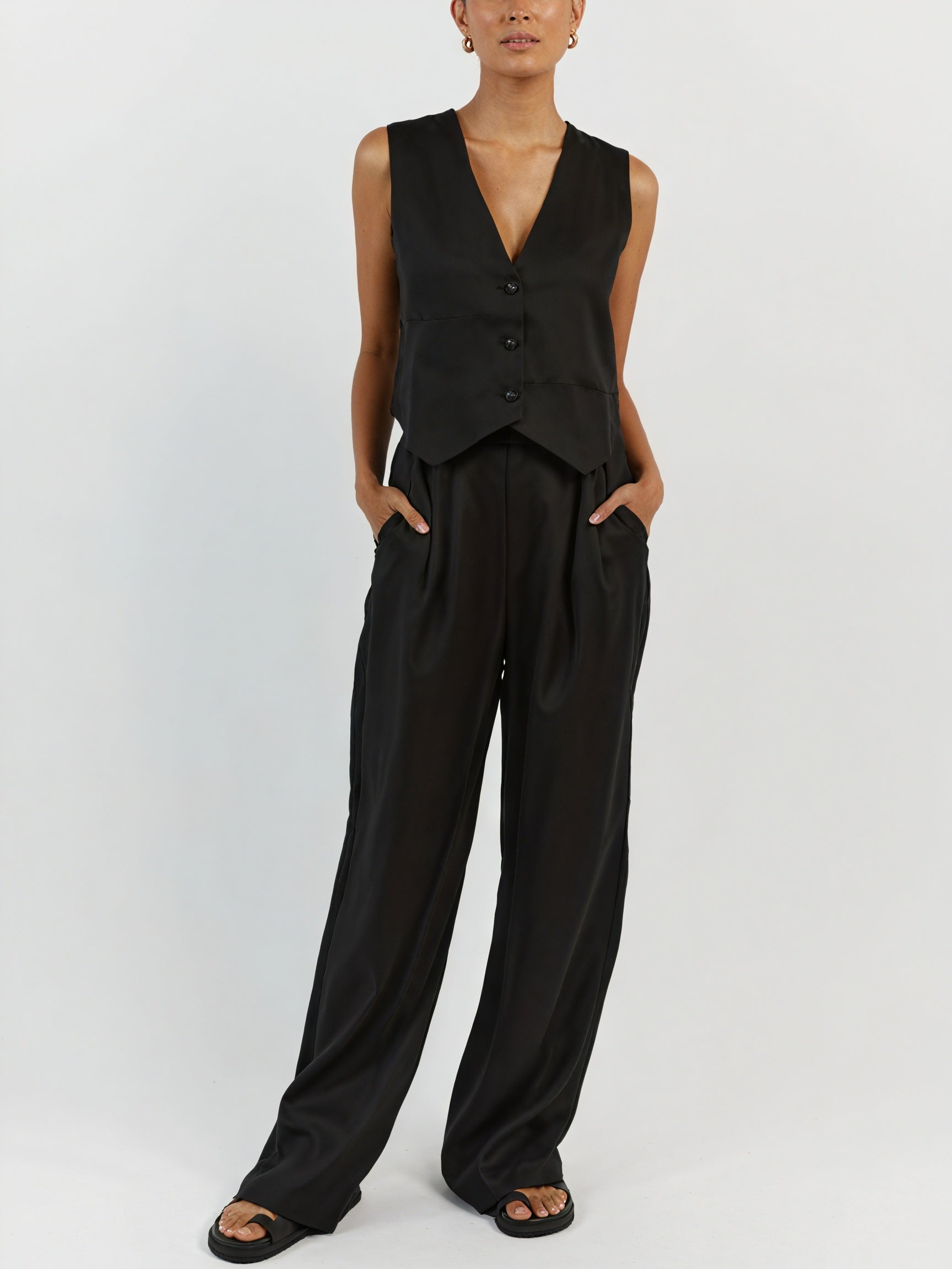 Ensemble Veston Sans Manches et Pantalon Jambes Larges-Outfit Sets-Marais Paris-Noir-XS-Marais Paris