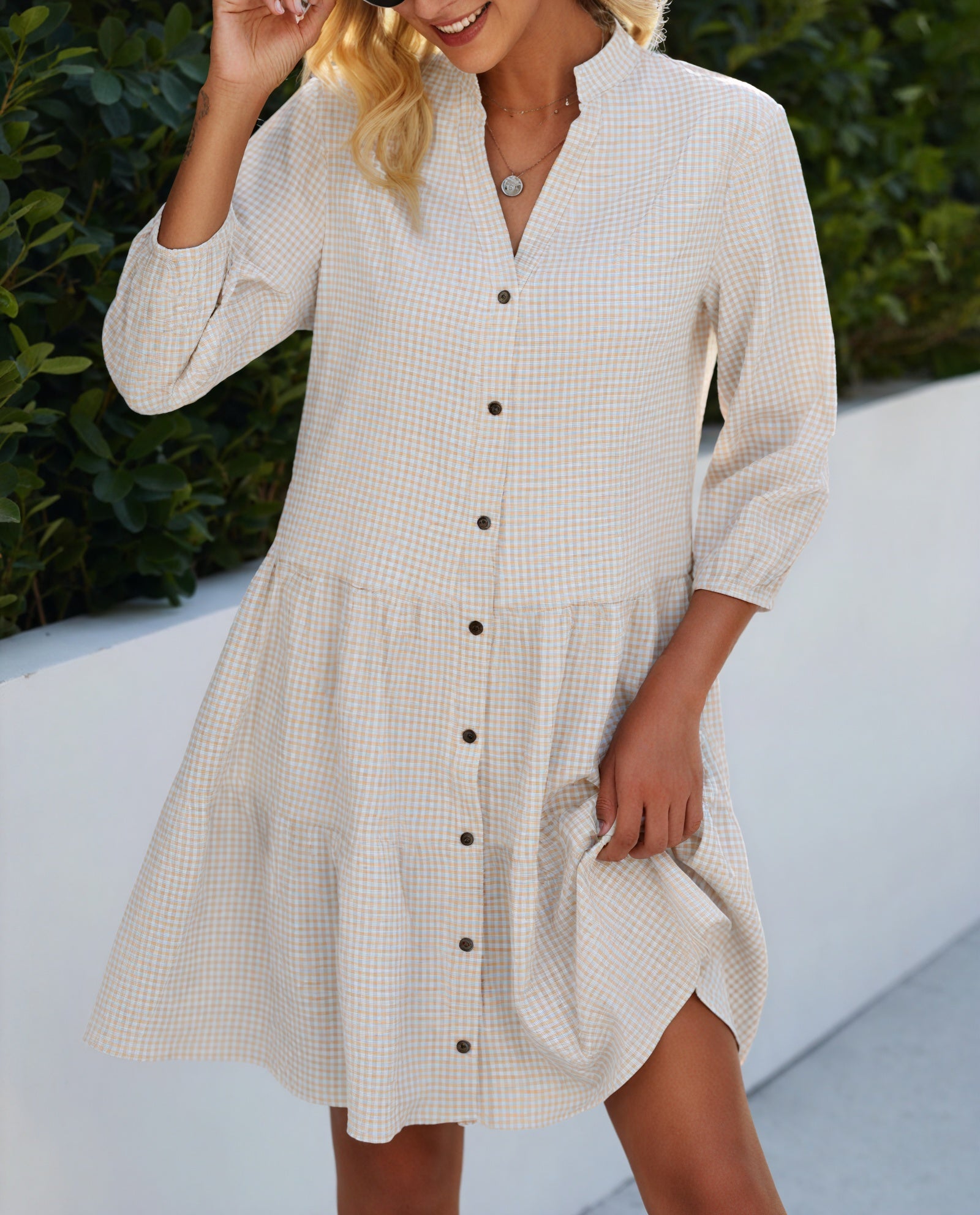 Robe Chemise Vichy Boutonnée Jupe à Étages Manches 3/4 Style Polyvalent Chic Décontracté-Marais Paris-Marais Paris