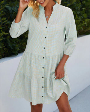 Robe Chemise Vichy Boutonnée Jupe à Étages Manches 3/4 Style Polyvalent Chic Décontracté-Marais Paris-Marais Paris