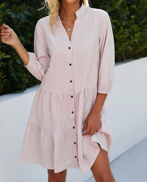 Robe Chemise Vichy Boutonnée Jupe à Étages Manches 3/4 Style Polyvalent Chic Décontracté-Marais Paris-Marais Paris