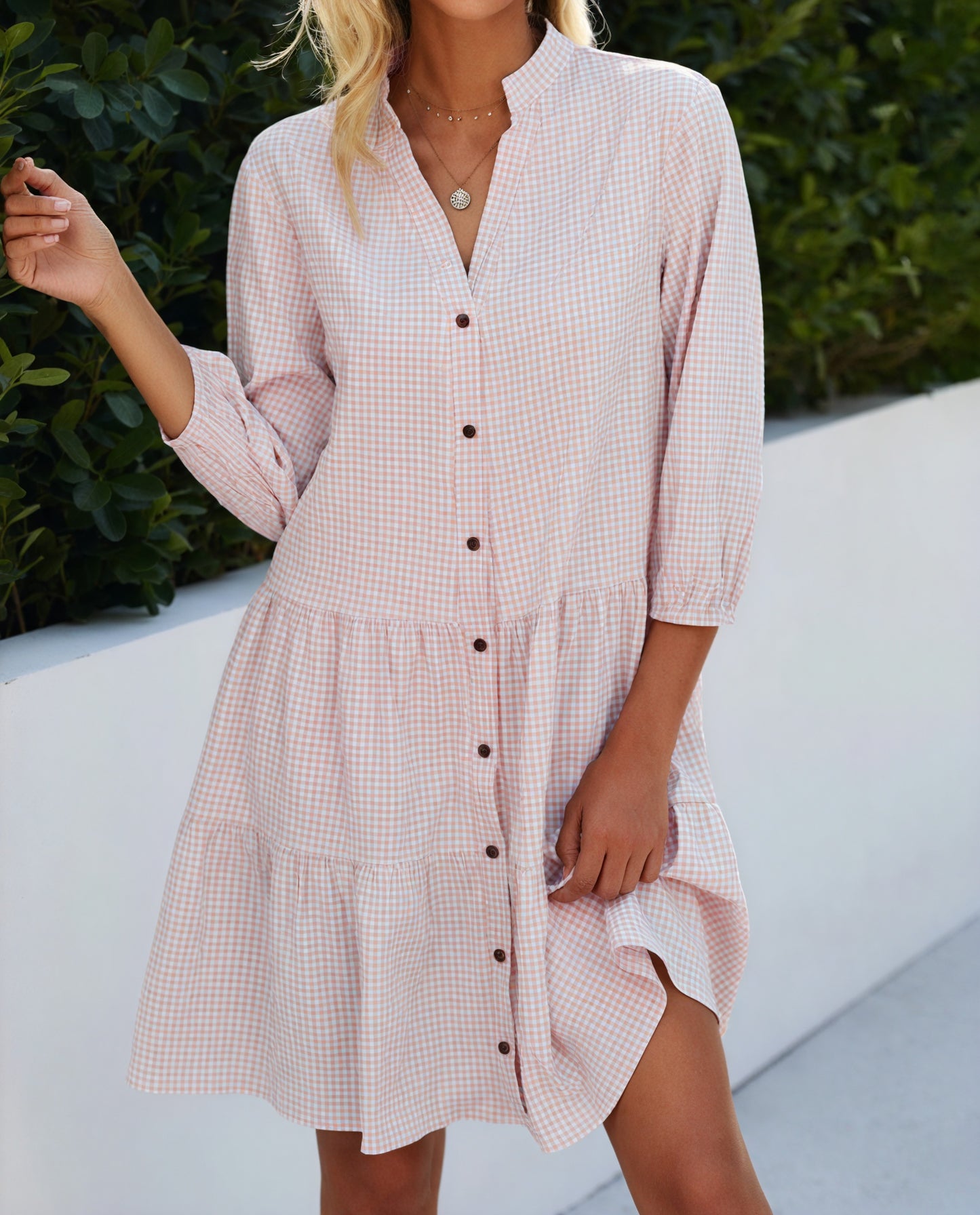 Robe Chemise Vichy Boutonnée Jupe à Étages Manches 3/4 Style Polyvalent Chic Décontracté-Marais Paris-Marais Paris