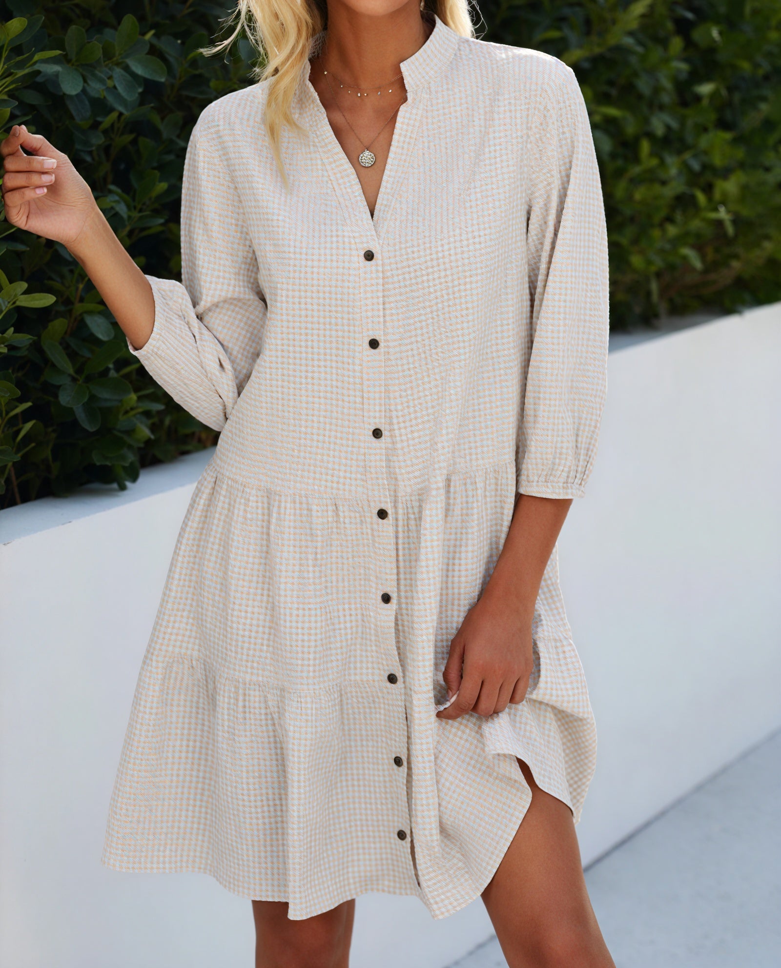 Robe Chemise Vichy Boutonnée Jupe à Étages Manches 3/4 Style Polyvalent Chic Décontracté-Marais Paris-Marais Paris