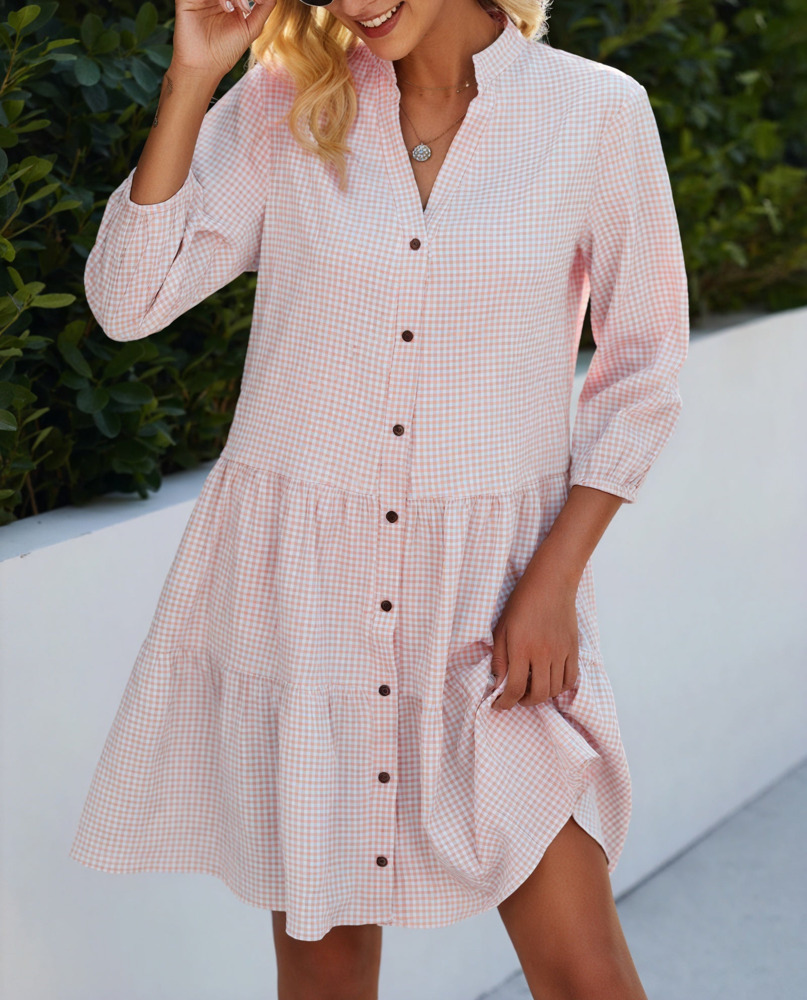 Robe Chemise Vichy Boutonnée Jupe à Étages Manches 3/4 Style Polyvalent Chic Décontracté-Marais Paris-Rose-S-Marais Paris