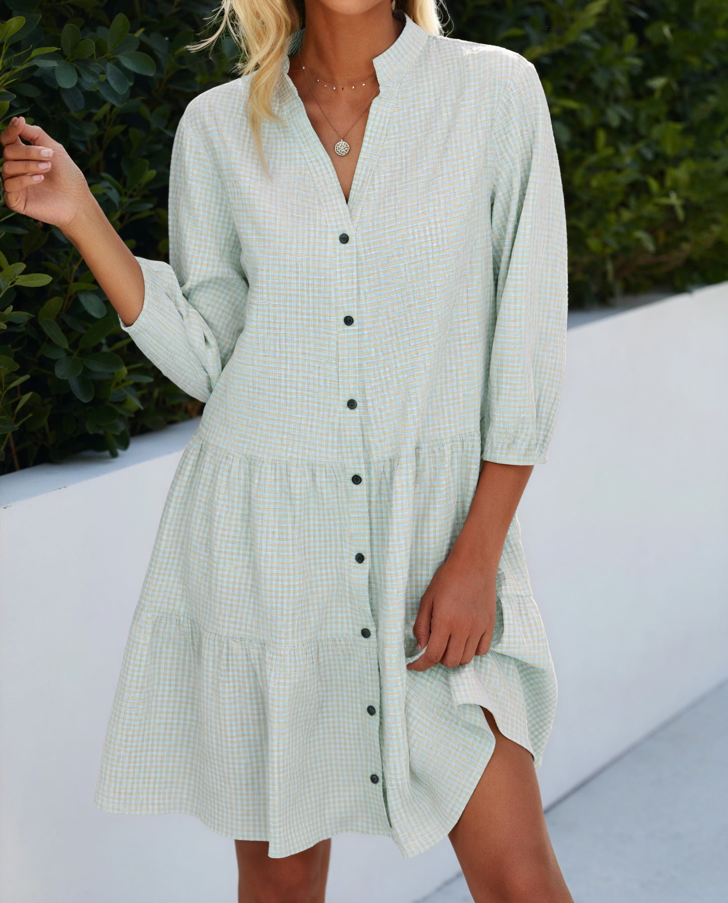 Robe Chemise Vichy Boutonnée Jupe à Étages Manches 3/4 Style Polyvalent Chic Décontracté-Marais Paris-Marais Paris