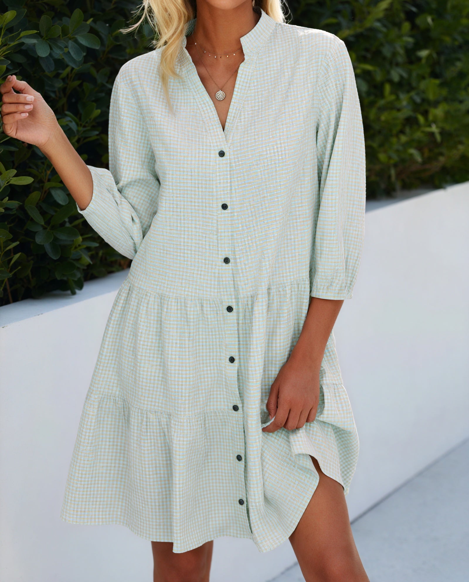 Robe Chemise Vichy Boutonnée Jupe à Étages Manches 3/4 Style Polyvalent Chic Décontracté-Marais Paris-Marais Paris