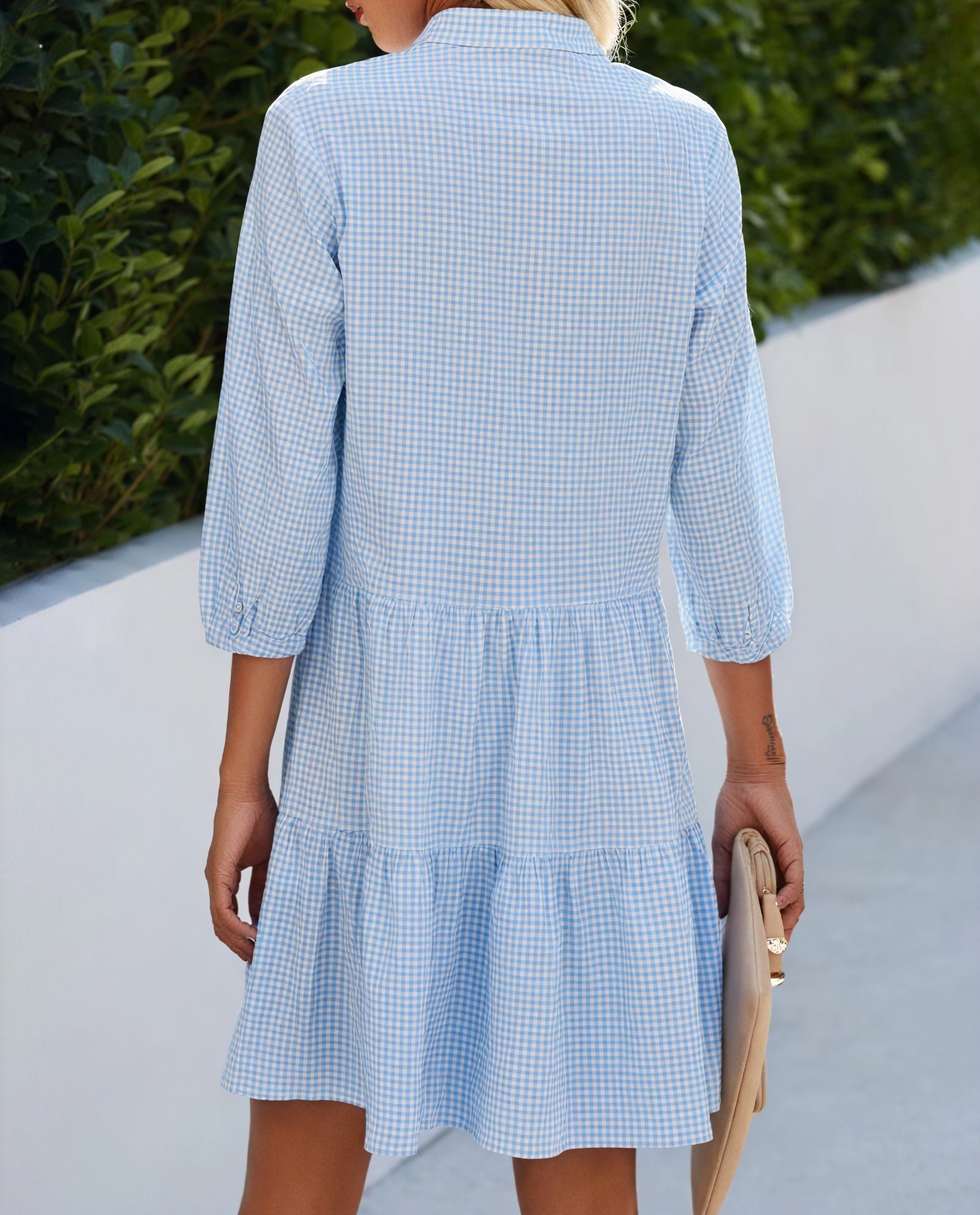 Robe Chemise Vichy Boutonnée Jupe à Étages Manches 3/4 Style Polyvalent Chic Décontracté-Marais Paris-Marais Paris