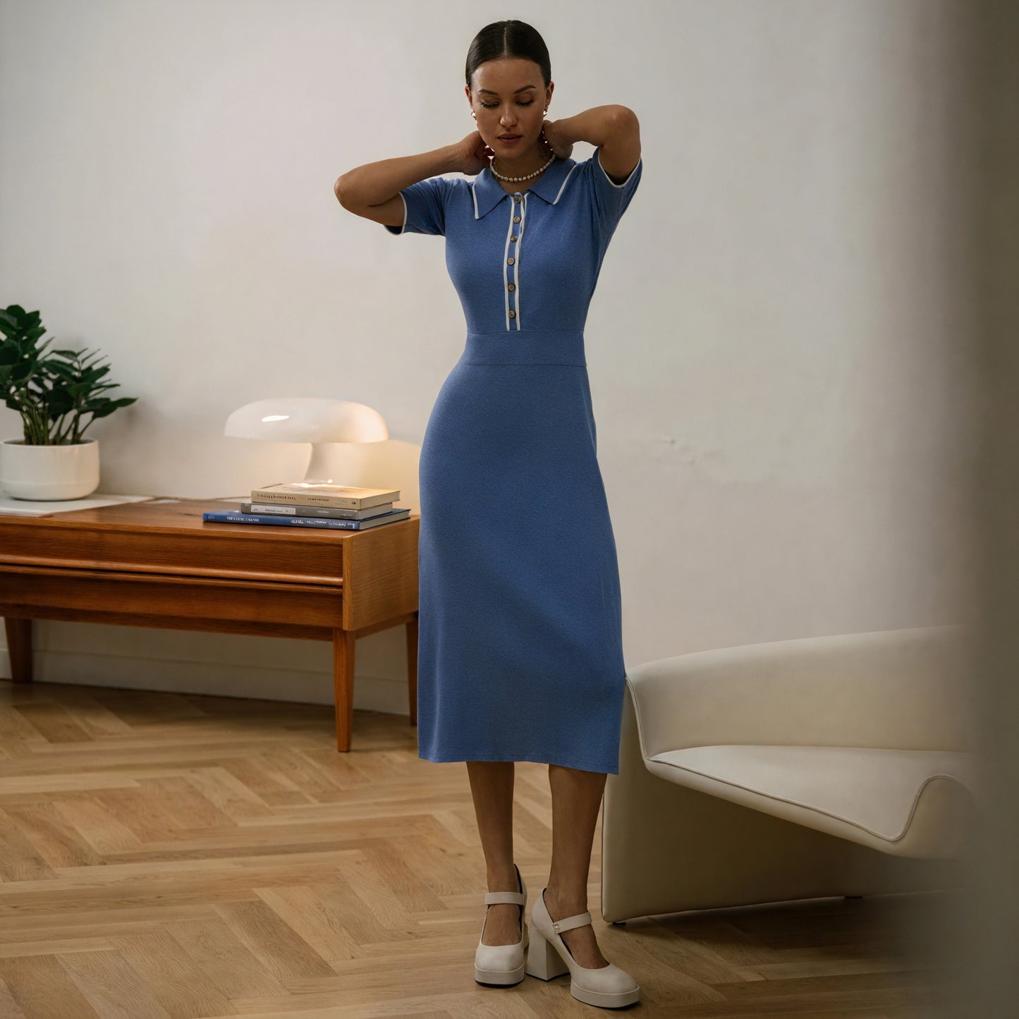 Robe Midi Coupe Ajustée Détails Boutons Dorés-Marais Paris-Bleu-S-Marais Paris