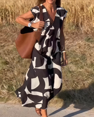 Robe Maxi Fluide Motif Abstrait Encolure V Sans Manches-Marais Paris-Marais Paris