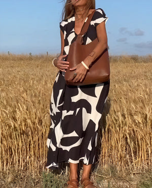 Robe Maxi Fluide Motif Abstrait Encolure V Sans Manches-Marais Paris-Marais Paris