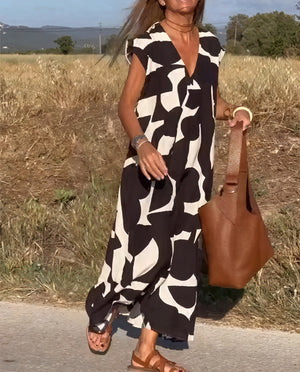 Robe Maxi Fluide Motif Abstrait Encolure V Sans Manches-Marais Paris-Marais Paris