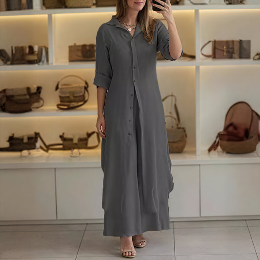 Robe Longue Boutonnée Manches 3/4 Style Chemise-Marais Paris-Gris-S-Marais Paris