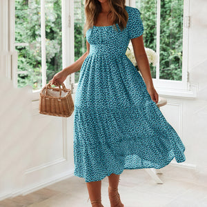 Robe Midi Florale Manches Bouffantes - Élégance Estivale-Marais Paris-Bleu Ciel-S-Marais Paris