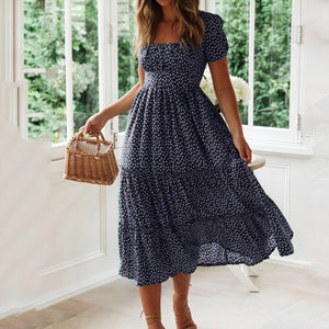 Robe Midi Florale Manches Bouffantes - Élégance Estivale-Marais Paris-Bleu Marine-S-Marais Paris