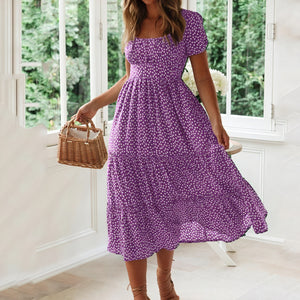 Robe Midi Florale Manches Bouffantes - Élégance Estivale-Marais Paris-Violet-S-Marais Paris