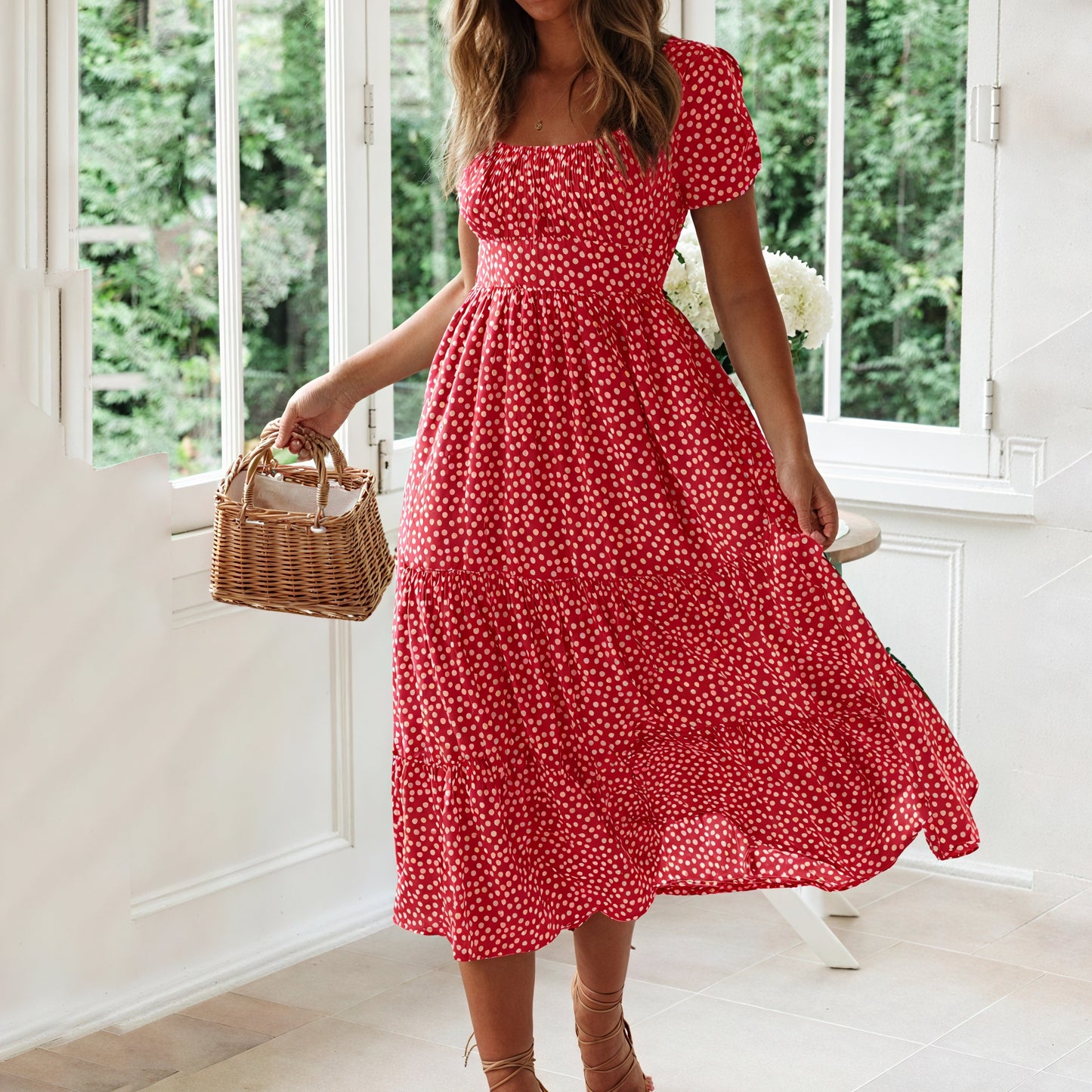 Robe Midi Florale Manches Bouffantes - Élégance Estivale-Marais Paris-Rouge-S-Marais Paris