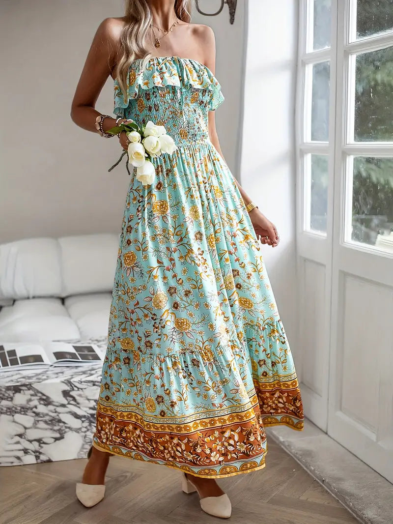 Robe Midi Florale Bohème - Sans Bretelles, Smockée, Fente Haute-Dresses-Marais Paris-Marais Paris