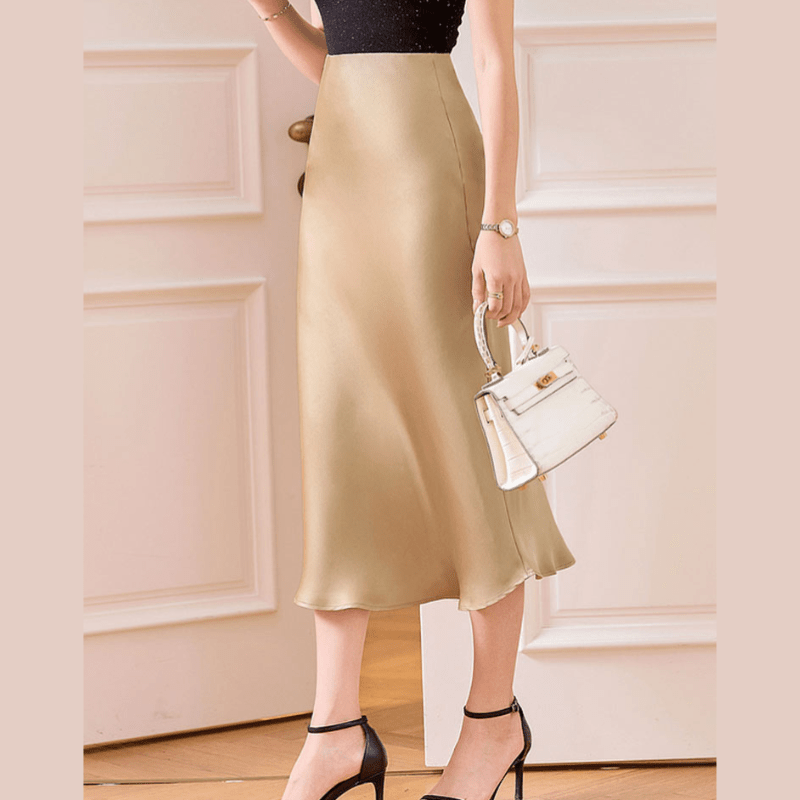 Marais Paris Jupe Midi Élégante en Satin - Fitted Waist, Flared Hemline-Women Skirt-Marais Paris-Kaki-S-Marais Paris