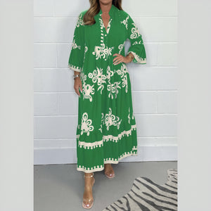 Robe Longue Bohème Motifs Floraux Coupe Fluide Manches Évasées-Marais Paris-Vert-M-Marais Paris