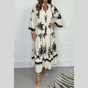 Robe Longue Bohème Motifs Floraux Coupe Fluide Manches Évasées-Marais Paris-Beige-M-Marais Paris