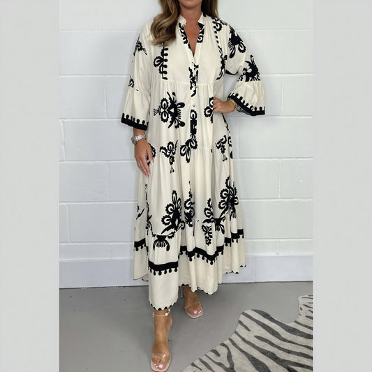 Robe Longue Bohème Motifs Floraux Coupe Fluide Manches Évasées-Marais Paris-Beige-M-Marais Paris
