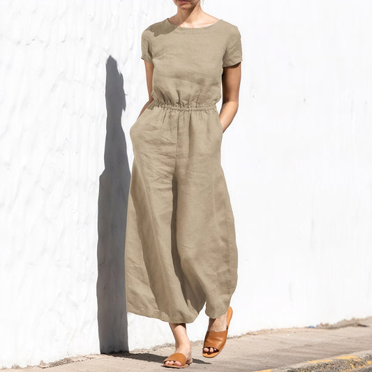Combi-Pantalon Femme Coupe Ample, Taille Élastique, Poches Latérales-Marais Paris-Marron-S-Marais Paris