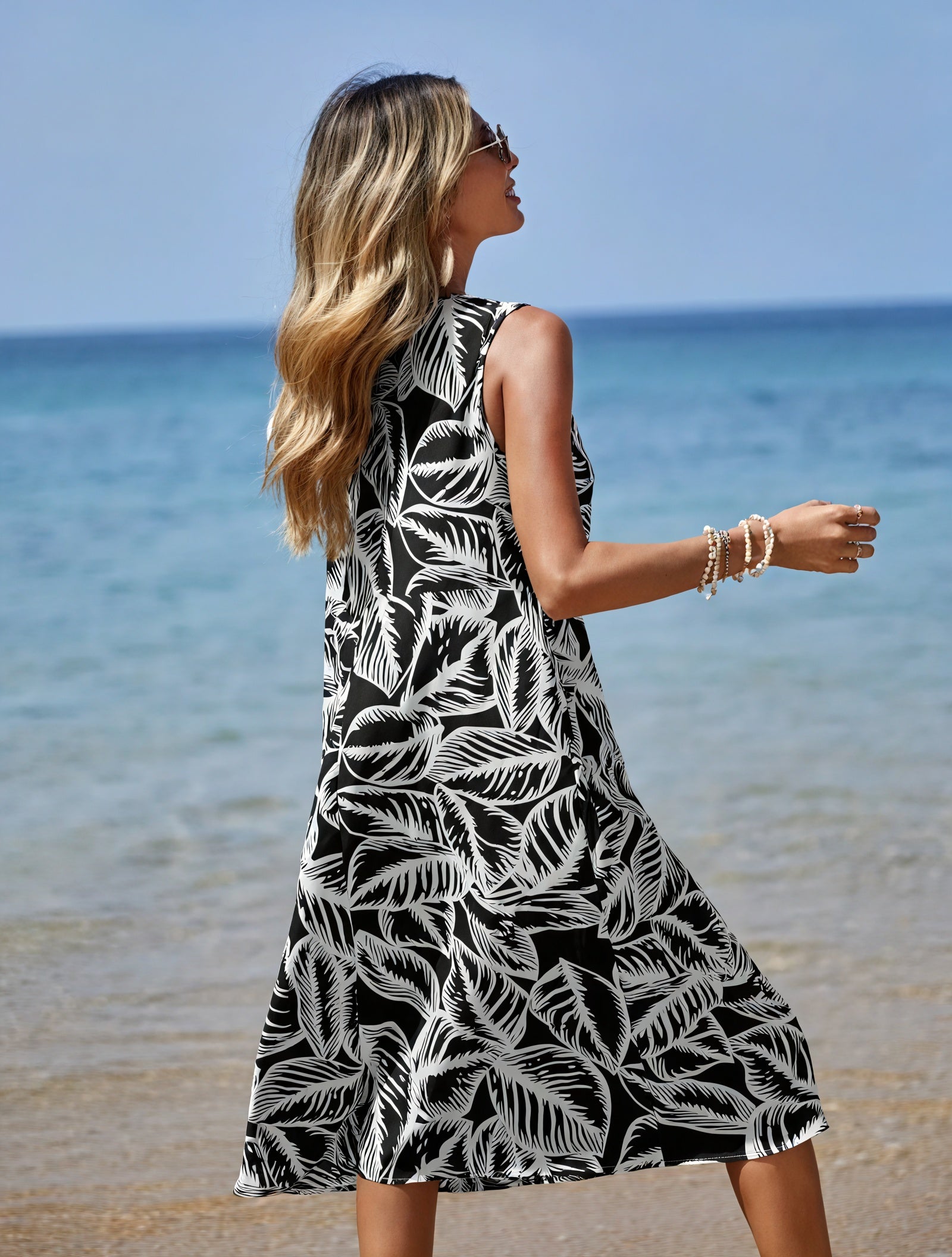 Robe Midi Femme Imprimé Feuilles Tropicales, Coupe A-Ligne, Sans Manches-Dresses-Marais Paris-Marais Paris