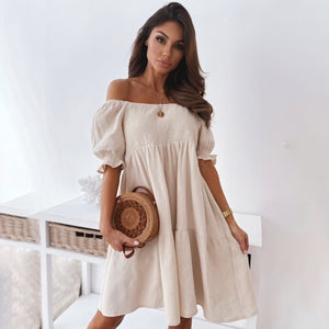 Robe Femme Bohème Épaules Dénudées - Coupe A-Line, Texturée-Dresses-Marais Paris-Beige-S-Marais Paris