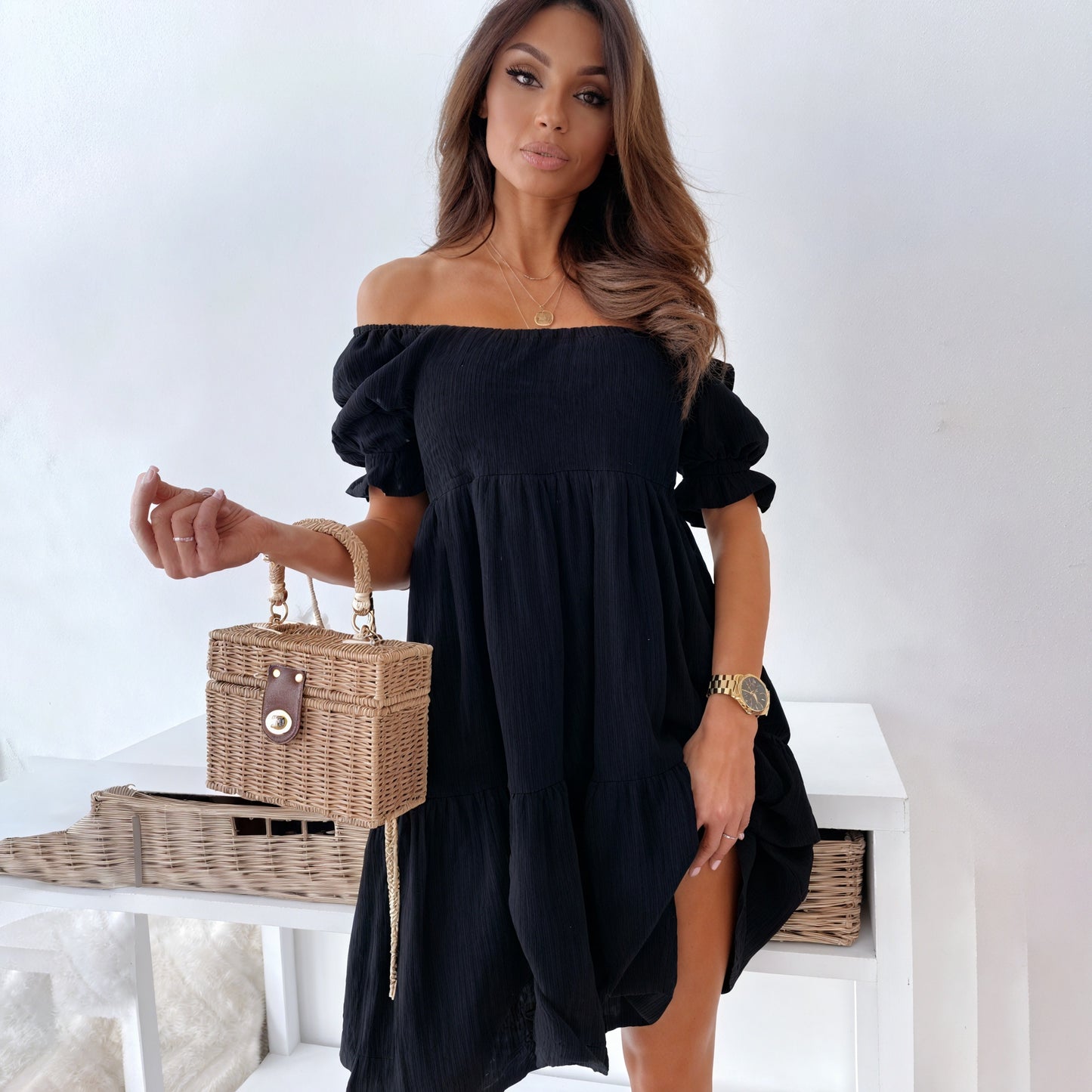 Robe Femme Bohème Épaules Dénudées - Coupe A-Line, Texturée-Dresses-Marais Paris-Noir-S-Marais Paris