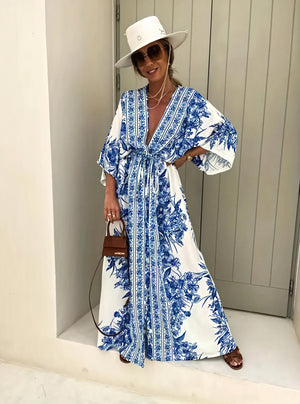 Robe Maxi Florale Bohème - Coupe Fluide, Manches Kimono, Ceinture-Dresses-Marais Paris-Marais Paris
